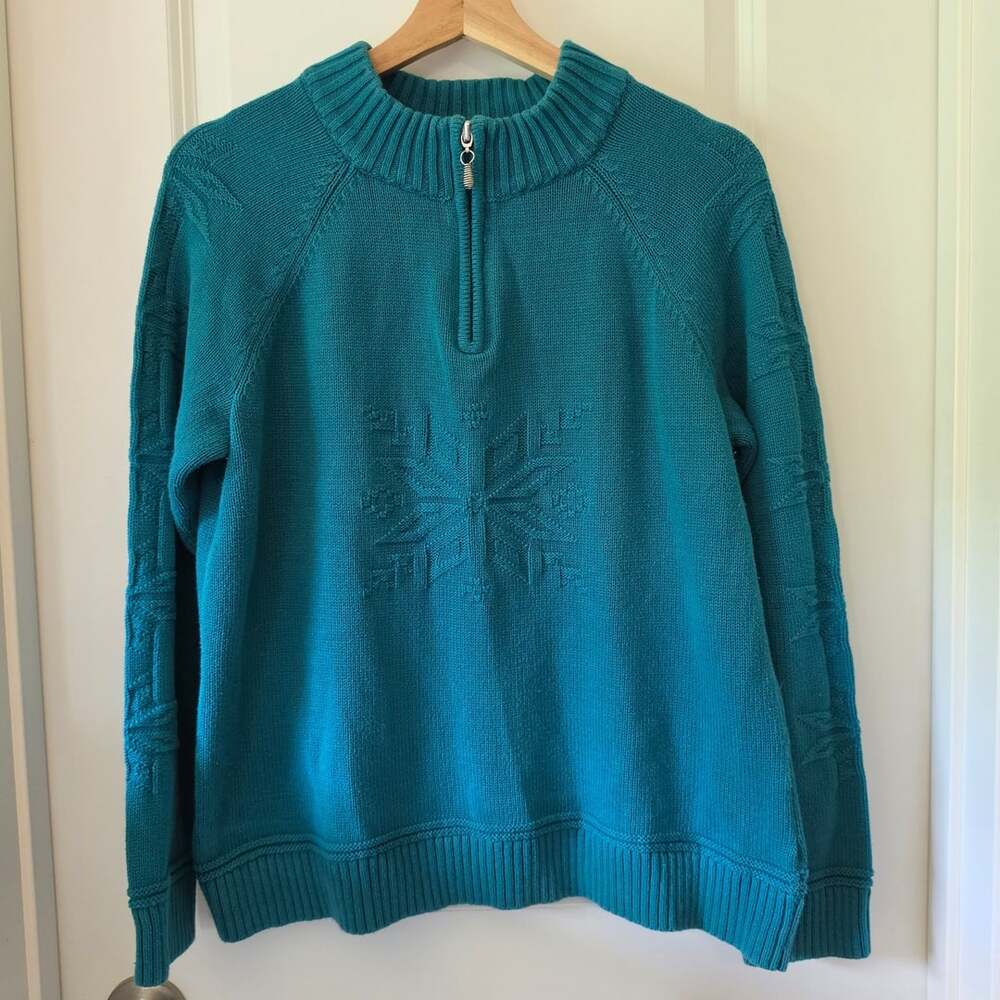 Christopher & Banks L Teal Snowflake Quarter Zip Sweater 100% Cotton Ski Lodge